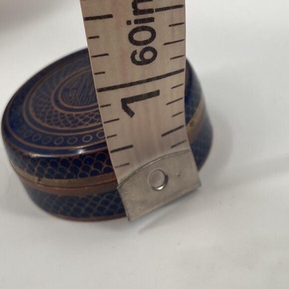Antique fish scale blue and copper Chinese Cloisonne Round Box with Lid